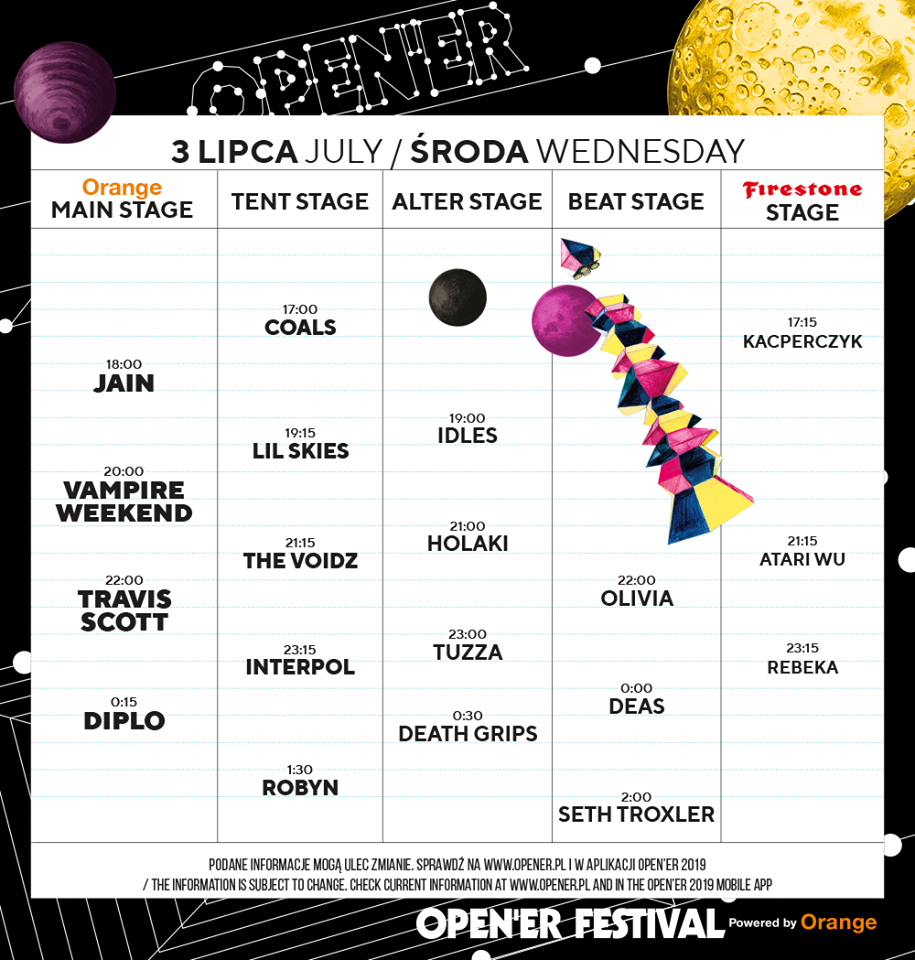 Open'er Festival 3 lipca timetable