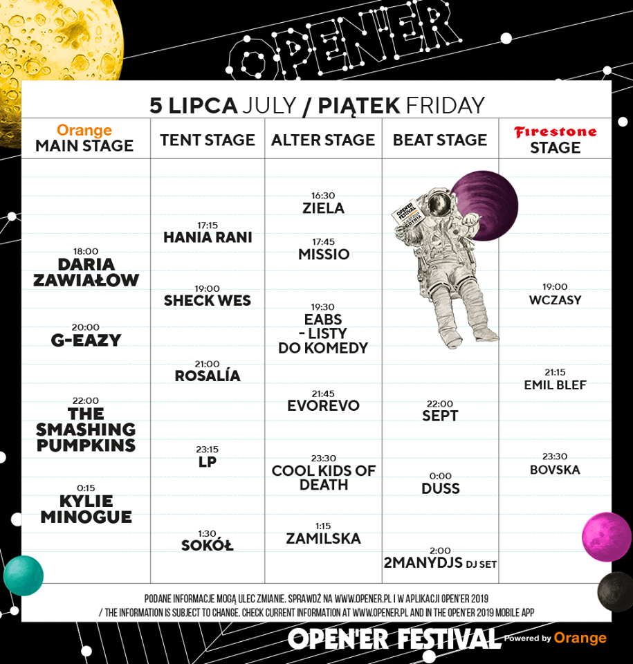 Open'er Festival 5 lipca timetable