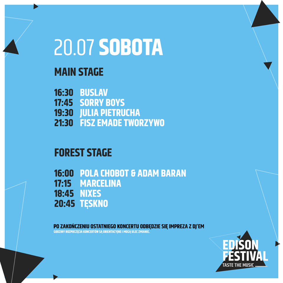 Edison Festival 2019 timetable sobota 20 lipca