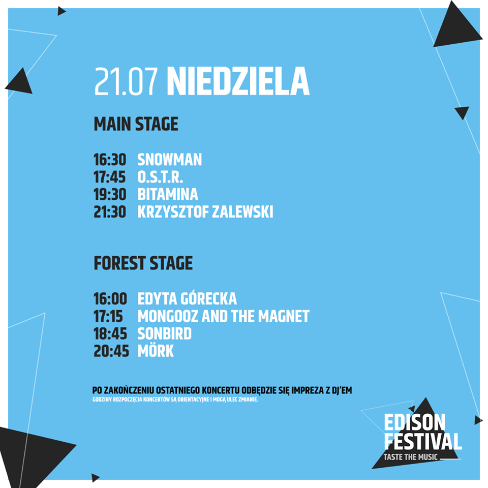 Edison Festival 2019 - timetable niedziela 21 lipca