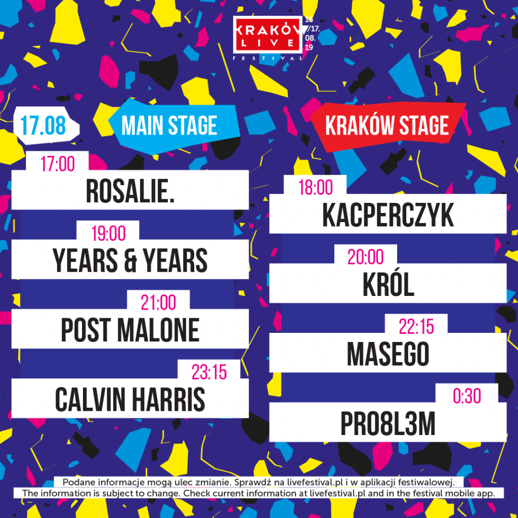 kraków live festival 2019 timetable sobota 17 sierpnia