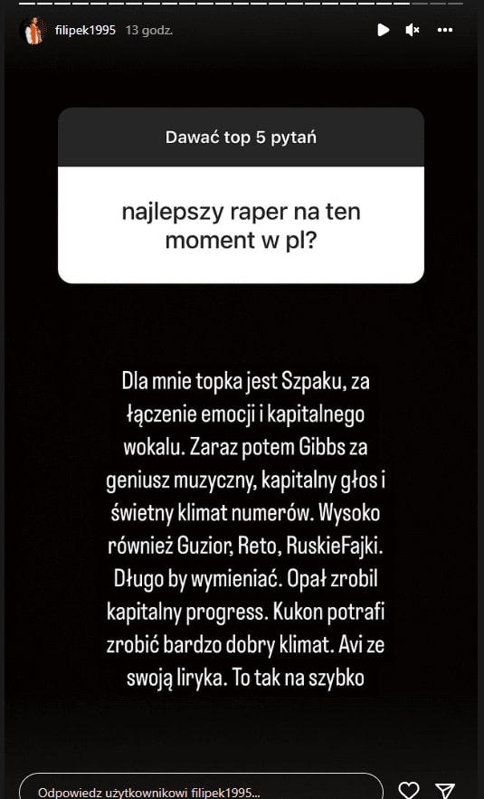 Filipek podzielił się listą najlepszych jego zdaniem artystów rapowych w Polsce